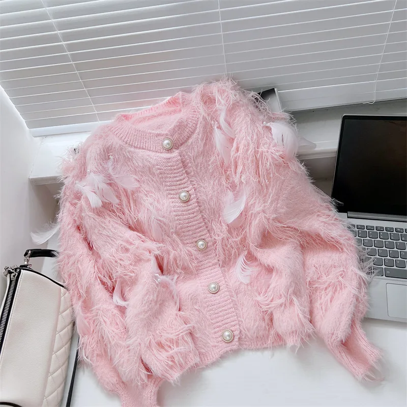 

2022 Autumn and Winter women's feather nail bead sweater jacket new imitation mink cardigan top