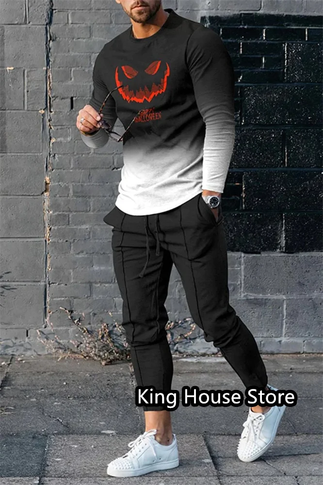 Halloween Pumpkin Men's Outfit Tracksuit 2 Piece Set Long Sleeve Trouser Streetwear Autumn Fashion Oversized Jogger Trouser Set