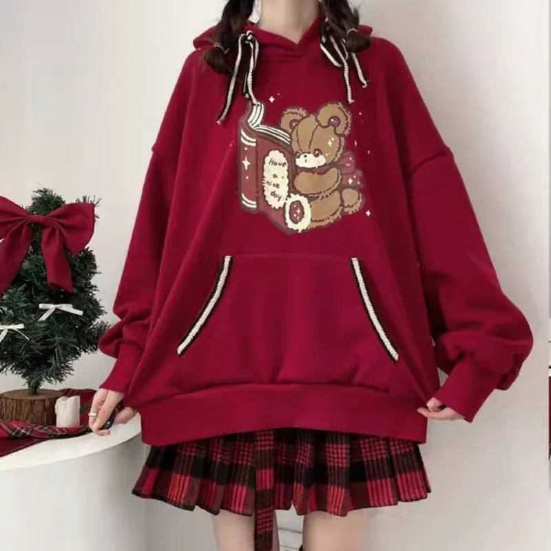 

Spring Cartoon Bear Printed Women Hooded Sweatshirt Daily Cute Drawstring Streetwear Fashion Hoody Teen Girls Kawaii Tops