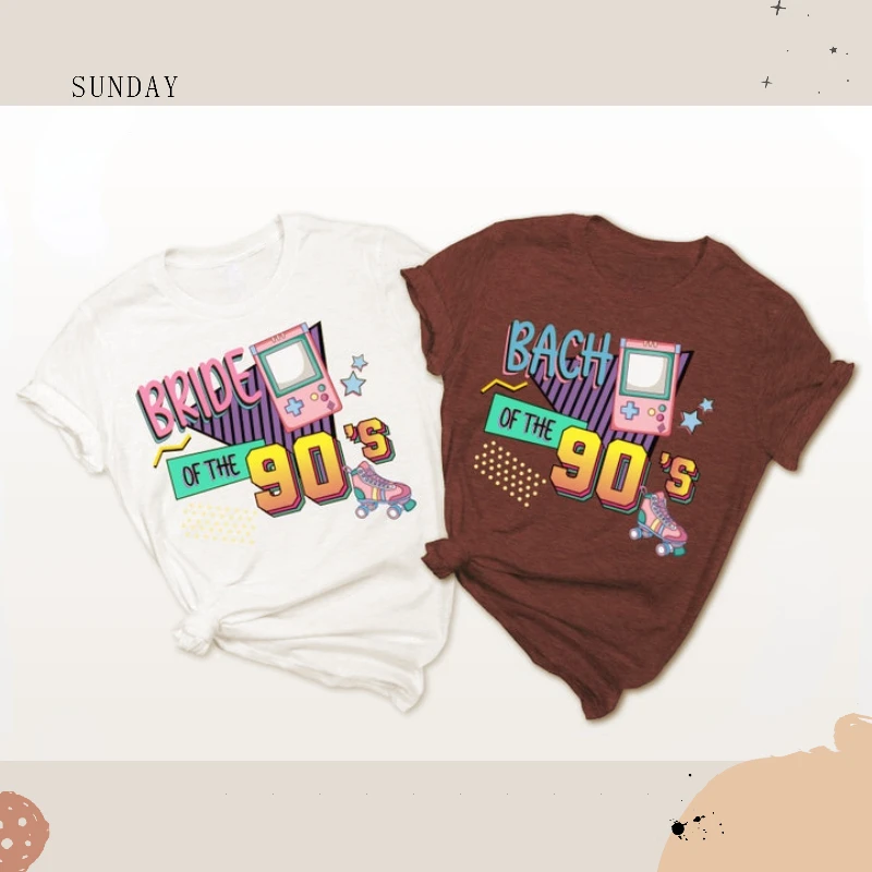 

Bride & bridesmaid Of The 90s Theme Bach Party t shirt. Retro Bachelorette Shirts, 90s happy Roller skating graphic t shirts.