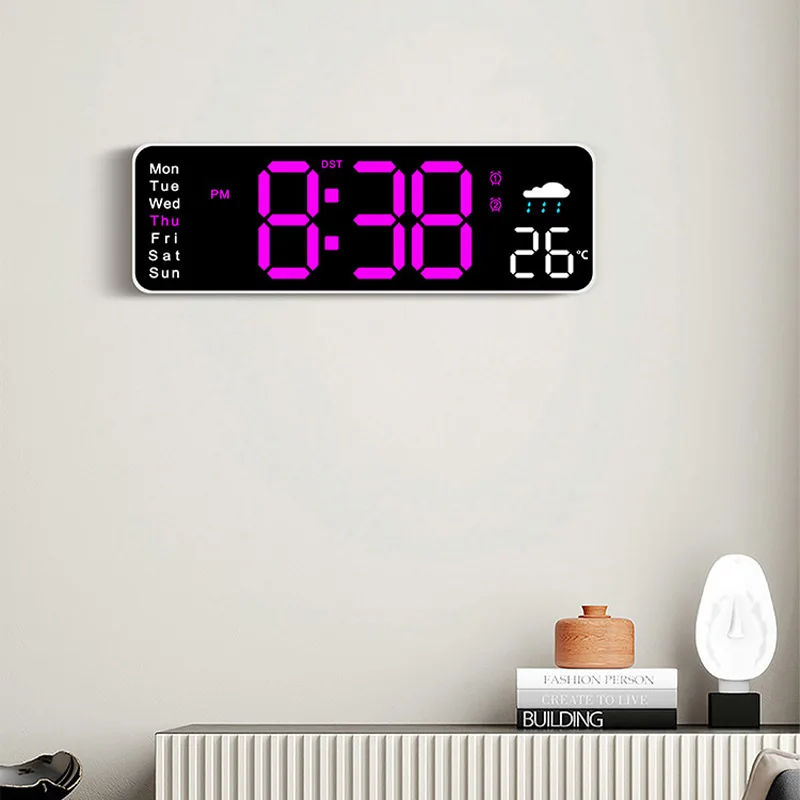 Digital Wall Clock Wall Clock Digital Display Clock Large Screen Digital Wall Clock Temperature Humidity Date Week Display Weather Clock Dual-Alarms USB Electronic LED Alarm Clocks