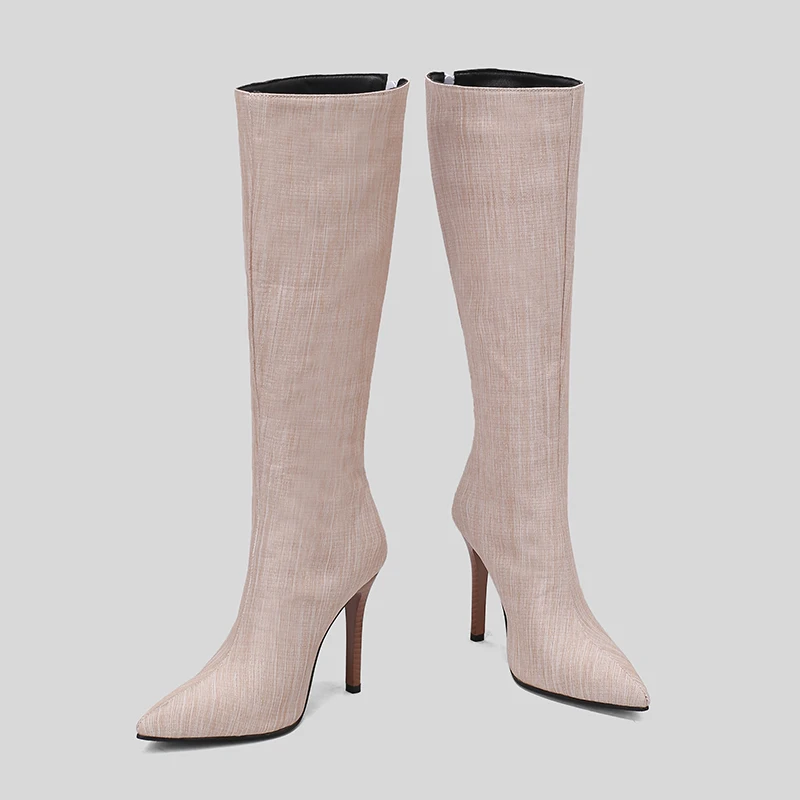 Kcenid Winter Knee High Boots For Women High Heels Pointed Toe Sexy Snakeskin Print Long Boots Fashion Denim Party Shoes Size 48