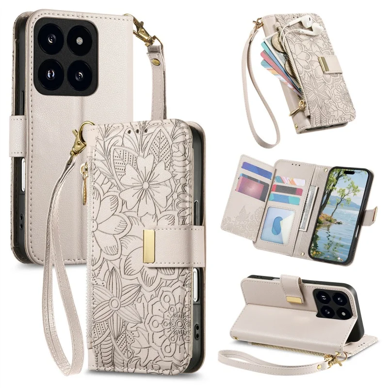 Floral Leaf Design Flip Leather Phone Case with Wrist Strap and Zipper Wallet