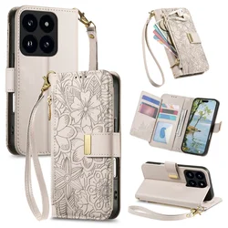 Floral Leaf Design Flip Leather Phone Case with Wrist Strap and Zipper Wallet - XiaoMi 17 Pro Max (Grey)