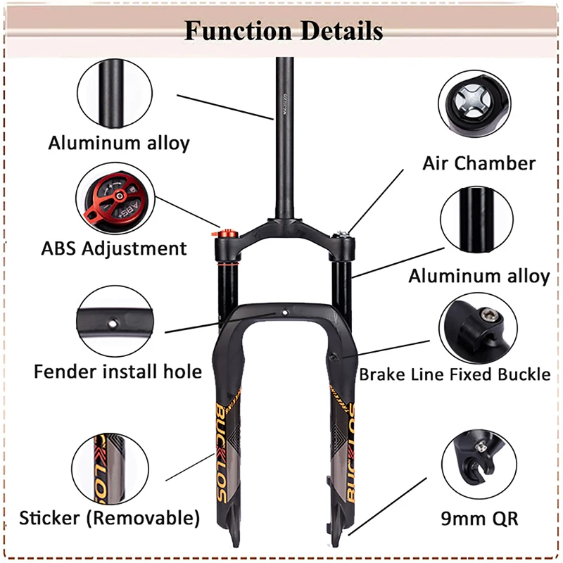 BUCKLOS MTB Fork Bicycle Fat Fork 20'' 4.0 Inch Air Suspension Mountain Bike Beach Snow Bike Fork Fat Tire 140mm MTB Bike Part