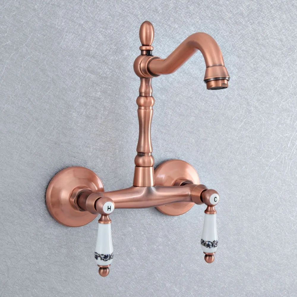 Antique Red Copper Swivel Spout Torneira de Pia de Cozinha Montagem na Parede Bacia do Banheiro Frio e Misturador Tapsd Água Quente Torneiras Misturadoras Dsf894