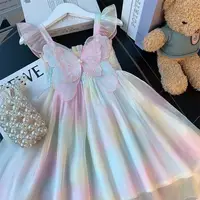 Robe papillon fantaisie couleur arc-en-ciel pour bébés filles, teinture par nouage, buste élastique, robe en maille, Robes mignonnes à bretelles décontractées pour tout-petits 5