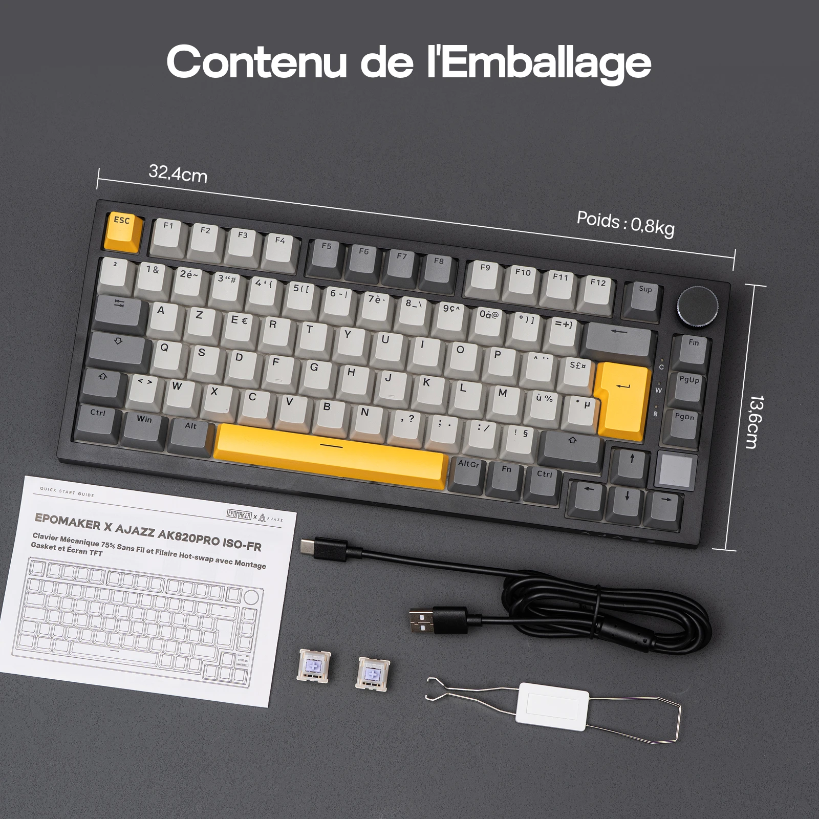 ISO-FR 레이아웃 EPOMAKER X AJAZZ AK820 PRO 75% AZERTY 프랑스어 핫스왑 유선/BT/2.4GHz 무선 기계식 키보드 (윈도우/맥/PC용)