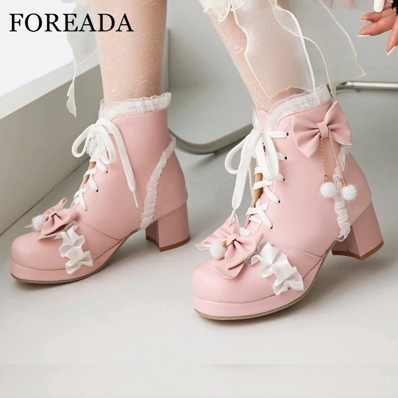 

FOREADA Women Lolita Ankle Boots Round Toe Kawaii Block Mid Heels Lace-up Chain Bow Short Boots Lady Cosplay Shoes Autumn Winter