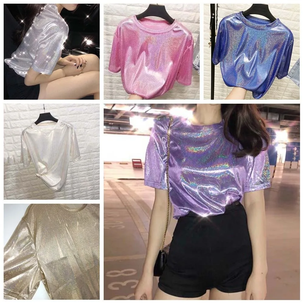 Sweet Vintage Fashion Silk Top Purple Pink Ladies Shiny Loose T-shirt Sequins Aesthetic Harajuku Short Sleeved Party