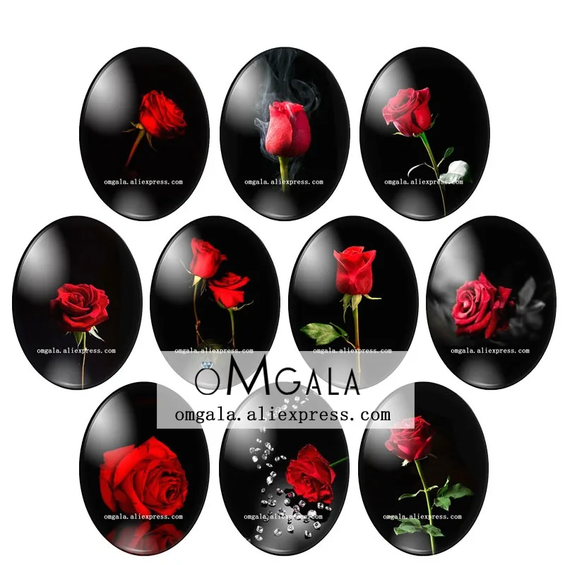 Elegant Red Rose Flower Oval Glass Cabochons - High Quality Flat Back
