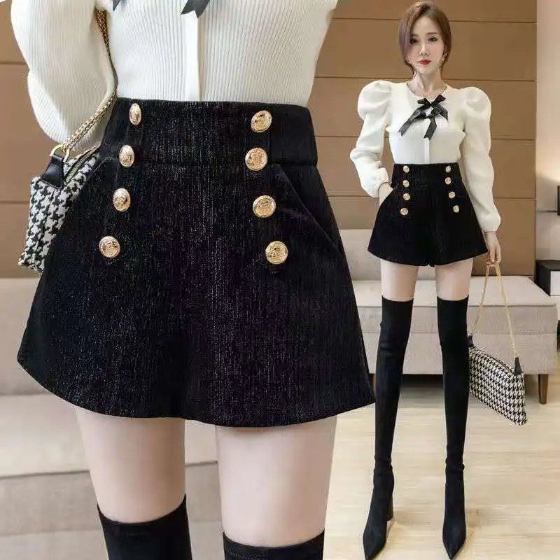 Autumn Winter New High Waist Button Shorts All-match Zipper Patchwork Black A-line Shorts Elegant Fashion Women Clothing