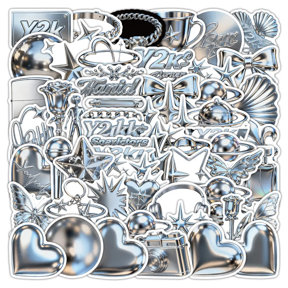 58개 Y2K 트렌디 3D 메탈릭 스티커 - 저널 및 창의적인 DIY 공예 장식을 위한 스타일리시한 데칼 AnimeWorlds Store