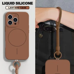 Magnetic Lanyard Phone Case with Wrist Strap and Liquid Silicone Protector Cover - iPhone 14 Pro (Brown)