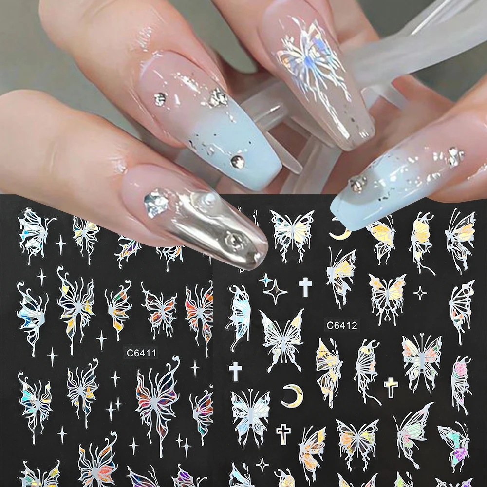 12pcs 반짝 이는 3D 홀로그램 나비 네일 아트 스티커 자기 접착 레이저 반짝이 네일 디자인 포일 DIY 매니큐어 장식 네일 아트