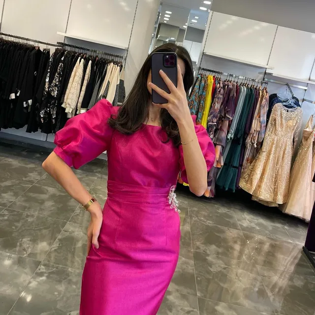 SoDigne Fuchsia Prom Dress Mermaid Bodycon Backless Short Puff Sleeve Slit Cocktail Dress Party Dress Homecoming Gown Customized 2