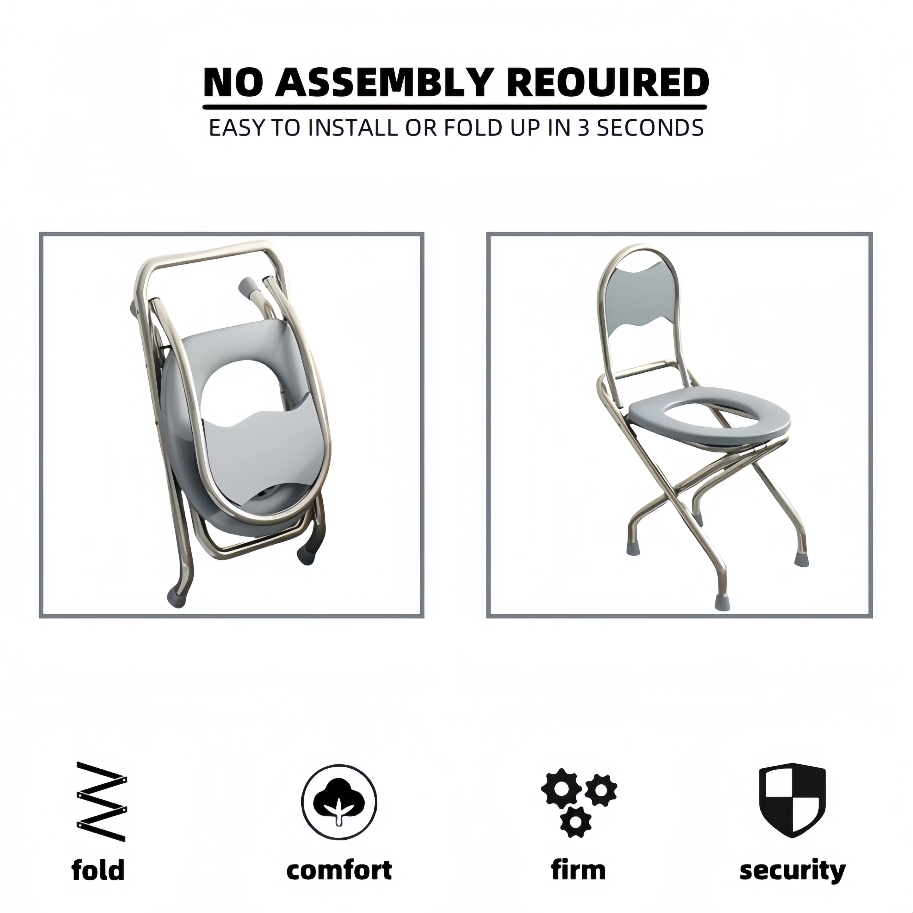 1 Foldable O-shaped Stainless Steel Commode Chair with Backrest