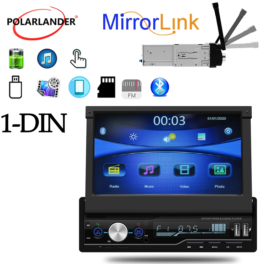 

Car Multimedia Player Manual Retractable Screen Dual USB FM T100 Wince for Universal 1 DIN 7'' Bluetooth RDS MP5 player