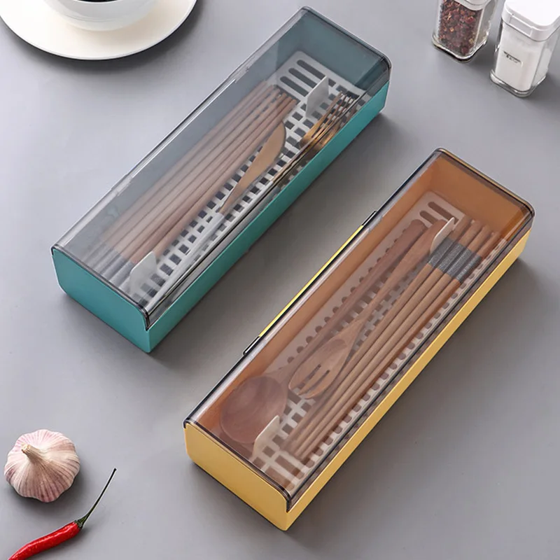 Dustproof Chopsticks Box with Cover, Draining Kitchen, Flat Chopsticks Holder, Tableware Storage Box