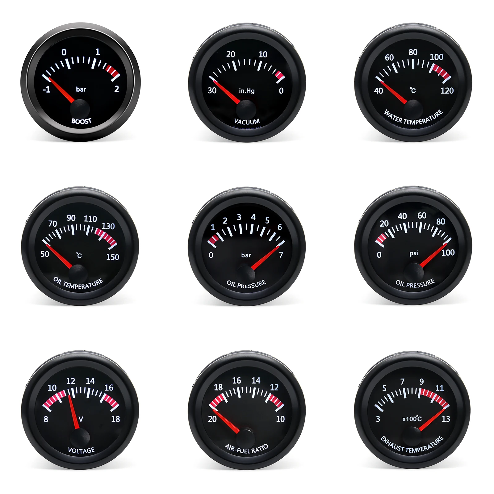 52mm Water Temp/Oil Temp/Voltmeter/Oil Press BAR PSI /Vacuum/Boost Gauge/Air Fuel Ratio/EGT Gauge With Sensor Fit for 12V Car