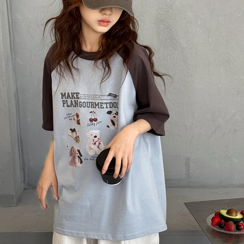 큰 아이들을 위한 여아 반팔 티셔츠, 라글란 슬리브, 순면, 루즈핏, 다용도 여름 상의