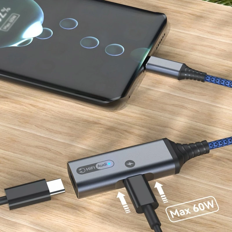 2 in 1 Aux 오디오 케이블(유형 PD 60w 충전 어댑터 포함) 휴대 전화 변환기 P8DC용 USB  3.5mm 잭 분배기