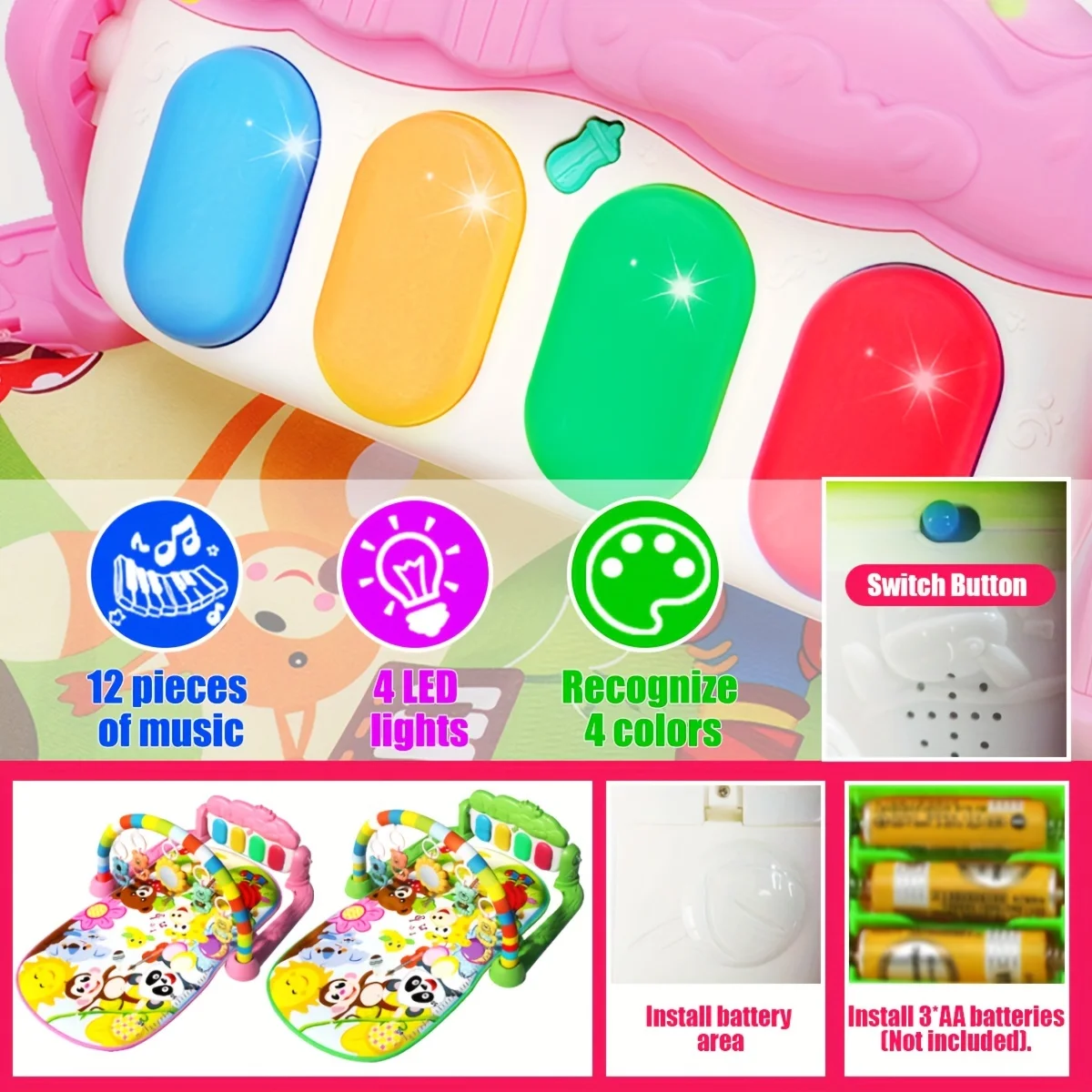 Baby Gym Play Mat with Music Pedal Piano Light Toy Rack Hanging Doll Educational Fitness Rack Toy Xmas Gift for Infants Toddlers 5