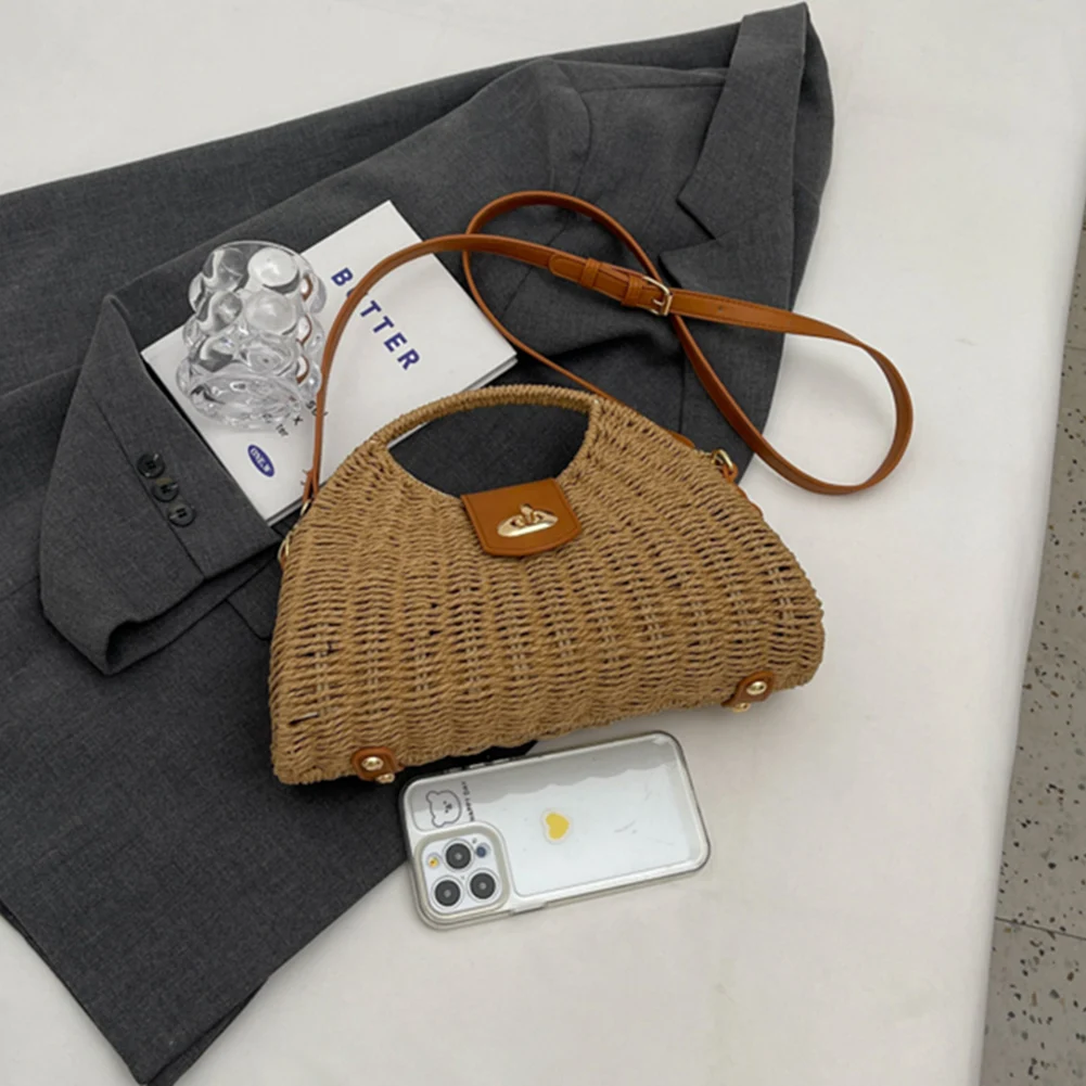 Women Hand-Woven Bag Summer Woven Shell Female Tote Bag Handmade Fashion Holiday Casual Simple Elegant Lady Straw
