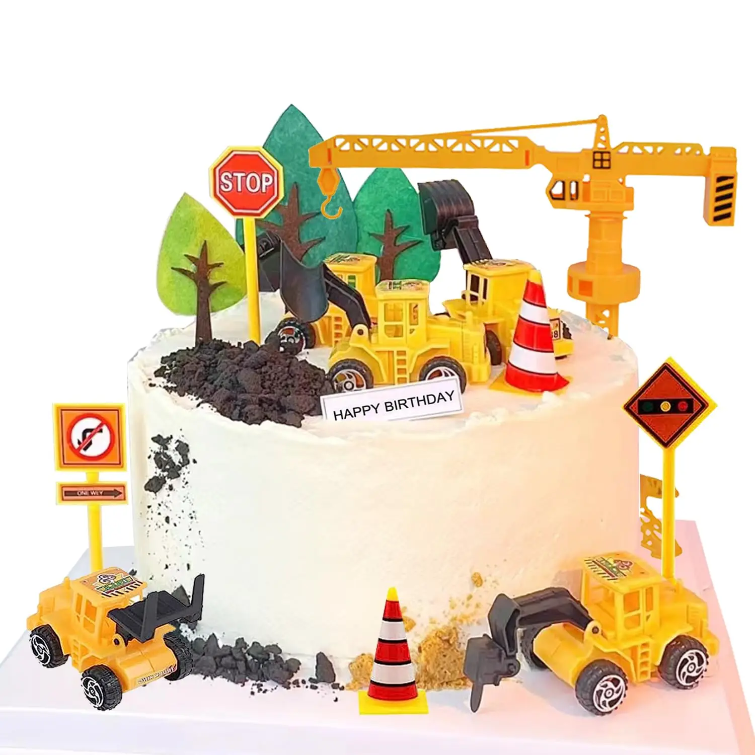 Set Di 18 Decorazioni Per Torta A Tema Costruzioni: Escavatori, Gru E Cartelli Stradali Per Compleanni A Tema