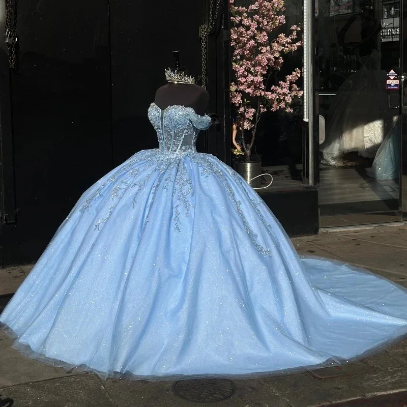 ANGELSBRIDEP Blue Glittering Quinceanera Dresses Off-Shoulder Shiny Lace Beading Vestidos De 15 Anos Birthday Party Princess