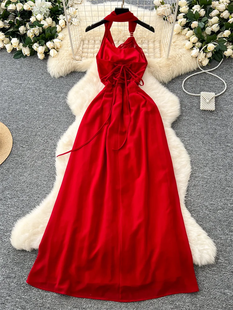 SINGREINY Sexy Vacation Chiffon Dress Women Sleeveless Halter V Neck  Temperament Slim Lace Up Zipper Solid Summer Beach Dresses - AliExpress  200000345