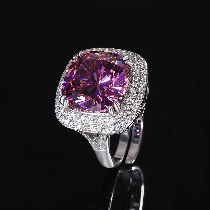 Exquisite Adjustable Ring Pendant Necklace Blue Pink High Carbon Drill Cushion Cut Jewelry in Elegant Style for Women Party Gift