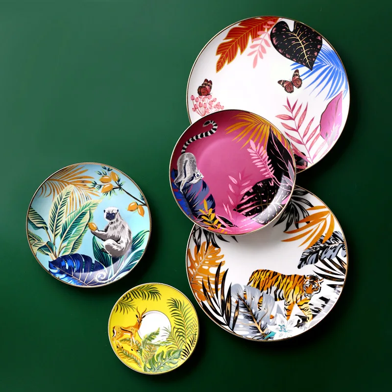 Dinnerware Set Colorful Forest Animal Design Plate Steak Tray Flat Plate Ceramic Tableware 8inch Dish Christmas Gift Gold Rim