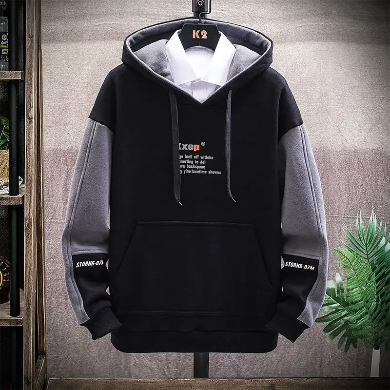 

Sweatshirts for Man Hoodies Fleeced Men's Clothing Hooded Spliced Black Y2k Vintage No Brand Luxury Cotton High Quality New In
