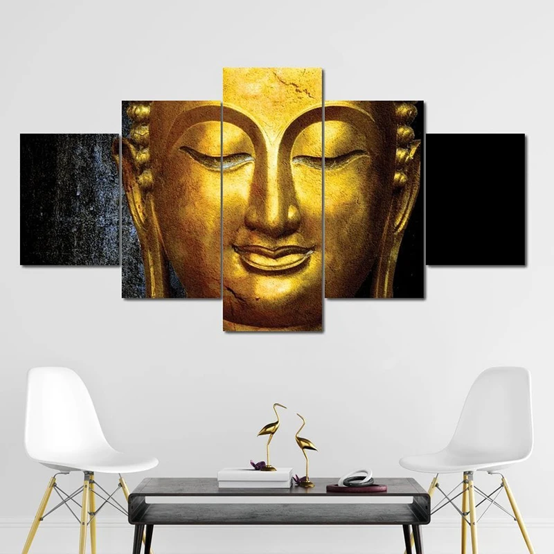 5 Piece Traditional Awakened Buddha Canvas Painting Thai Golden Buddha Religious Posters Prints for Living Room Decor Cuadros