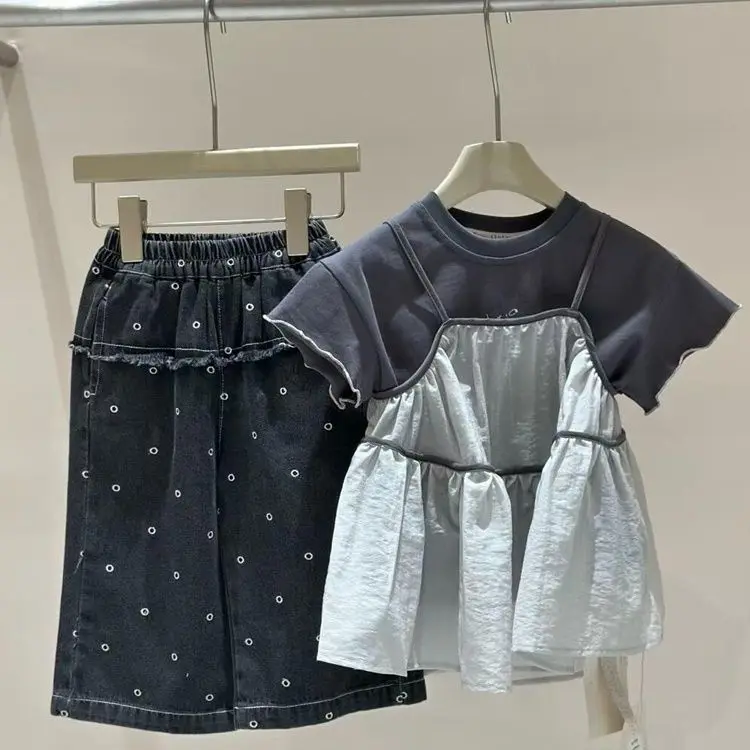 Girls' summer outfit set short sleeved camisole skirt jeans three piece set for children kids denim jeans