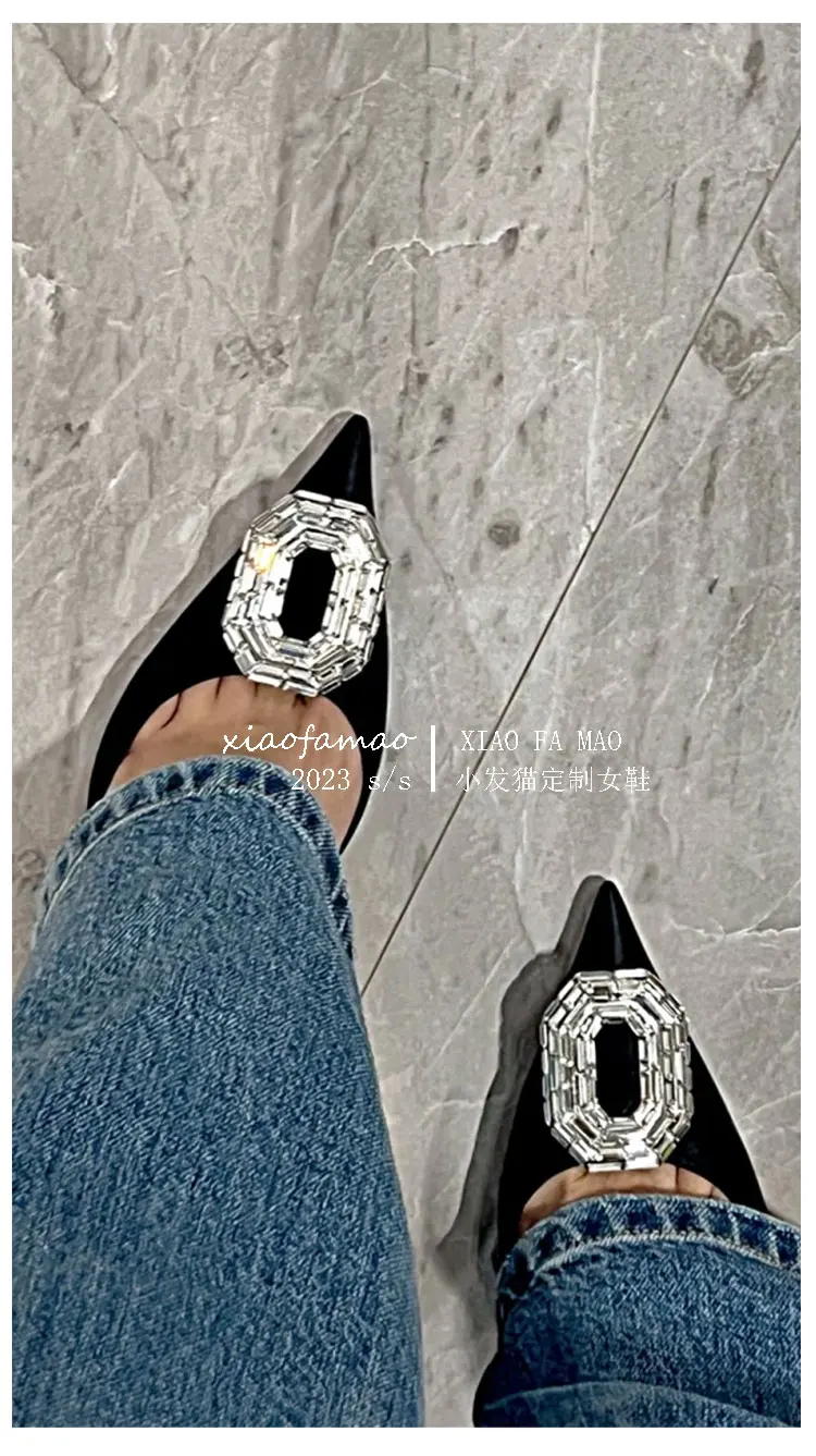 Rhinestone Round Buckle Shiny Women Pumps 2024 New Style Stiletto Pointed Toe Black High Heels Women's Shallow Slip On Sandals