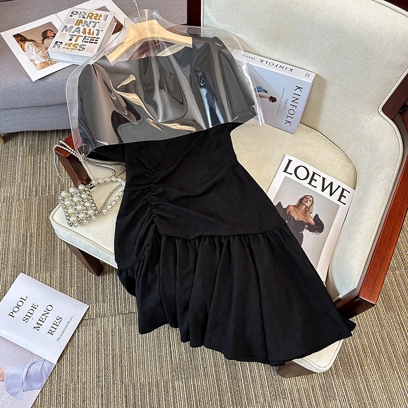 

Женское Плиссированное мини-платье, повседневное Элегантное Черное жаккардовое платье большого размера с квадратным вырезом и короткими рукавами и оборками, лето