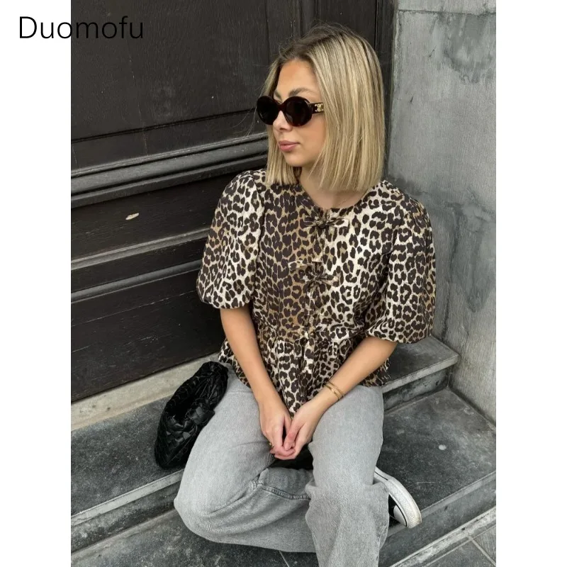 Duomofu Retro Leopard Print Short Puff Sleeved Shirt Women Fashion Loose O Neck Lace Up Top Summer Female High Street Shirts