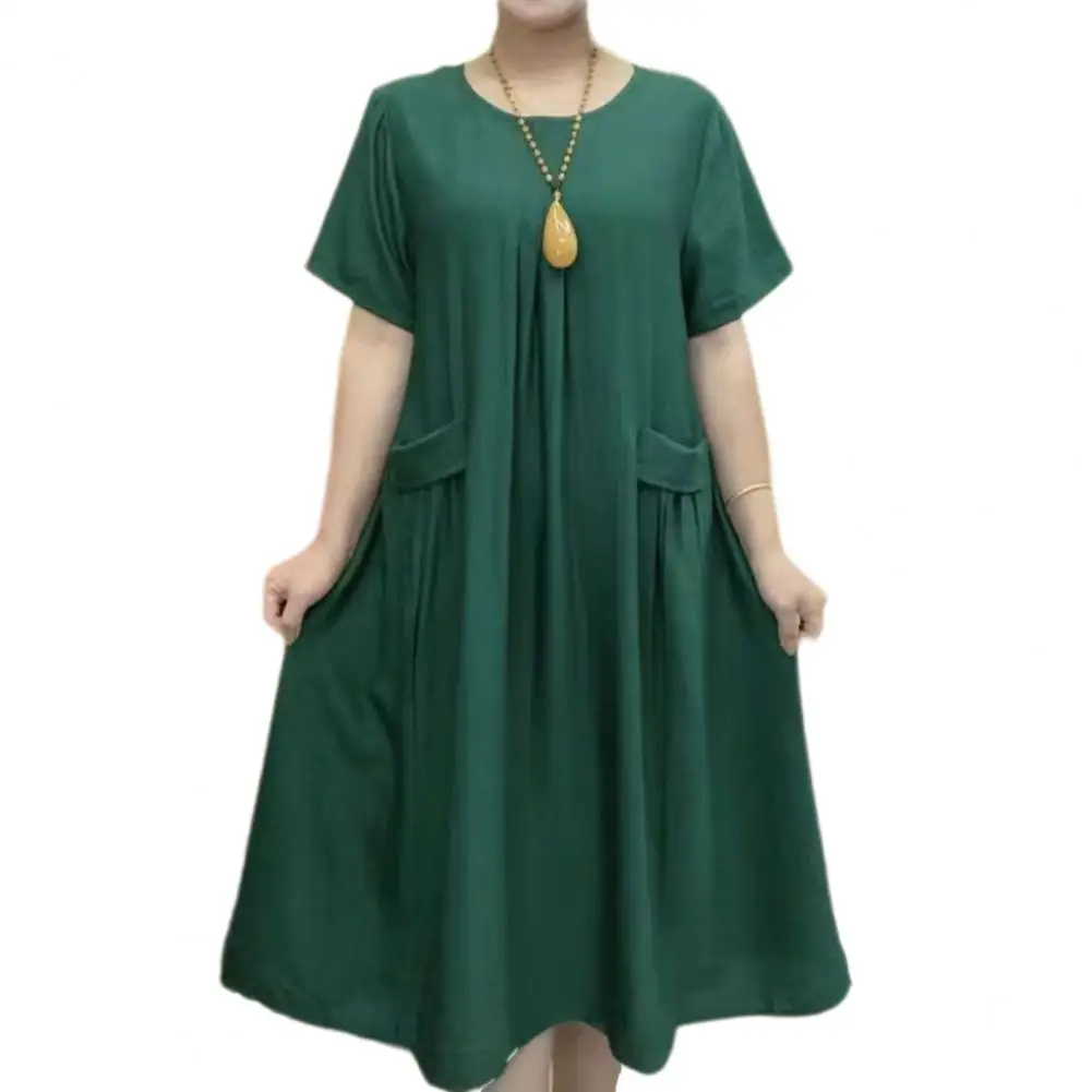 

Round Neck Short Sleeve Dress Elegant Women's Summer Midi Dress with Pockets Short Sleeve A-line Work Dress for Streetwear