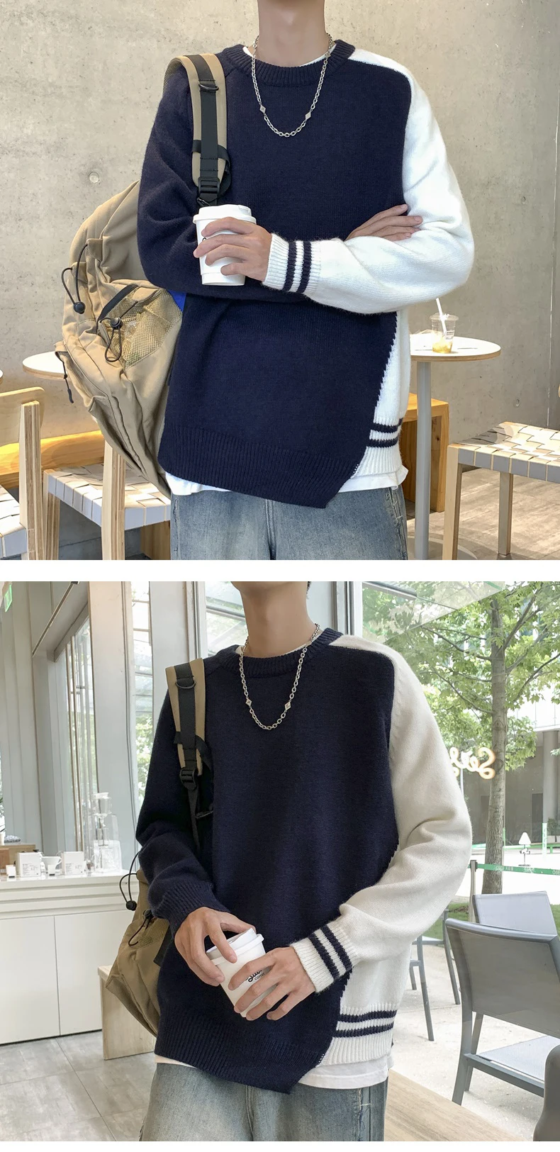 Description Picture 3 of itemNew 2024 Autumn Winter Men Fashion Round Neck Knitted Tops Male Loose Patchwork Jumpers Men's Long Sleeve Sweater Top S219