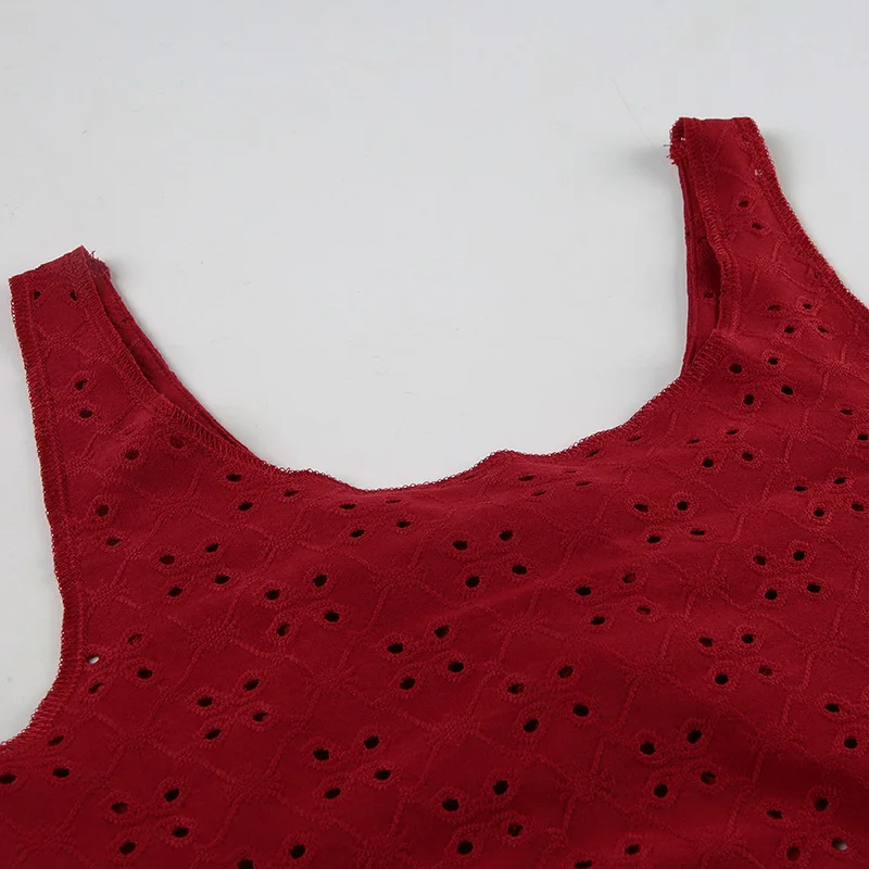 Blusas exquisitas con cuello en V, espalda descubierta y sin mangas con encaje rojo navideño para mujer