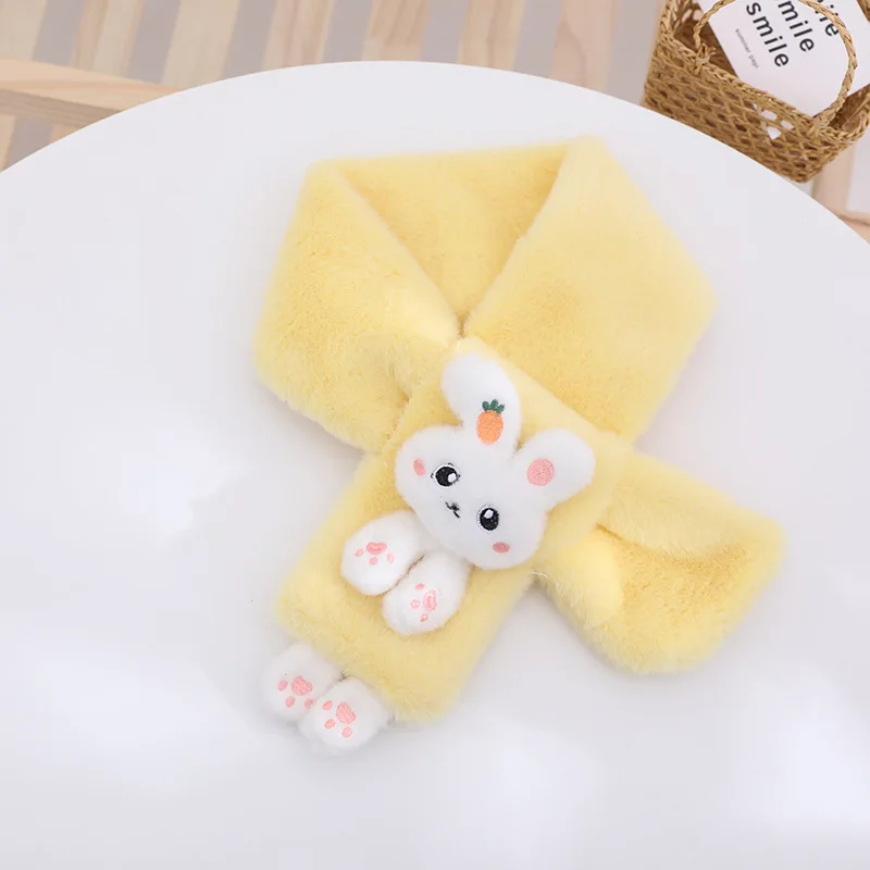 Korean Boys Girls Winter Thick Plush Cross Children\'s Scarf Baby Bib Cute Cartoon Rabbit Faux Fur Neck Protection Warm Shawl V49
