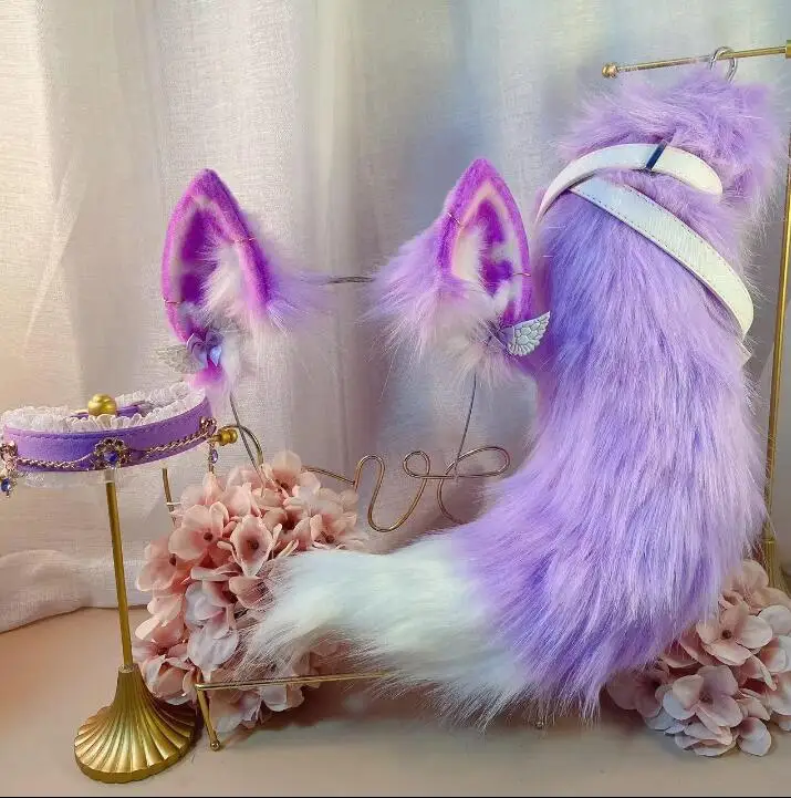 

New Handmade Purple Fox Ears Hairhoop Tail Necklace Earrings Cosplay Carnaval Gothic Lolita Acessories Headwear Cosplay Prop