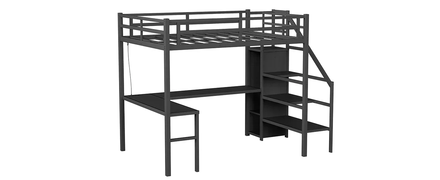 LED Loft Bed Full Size with Charging Station