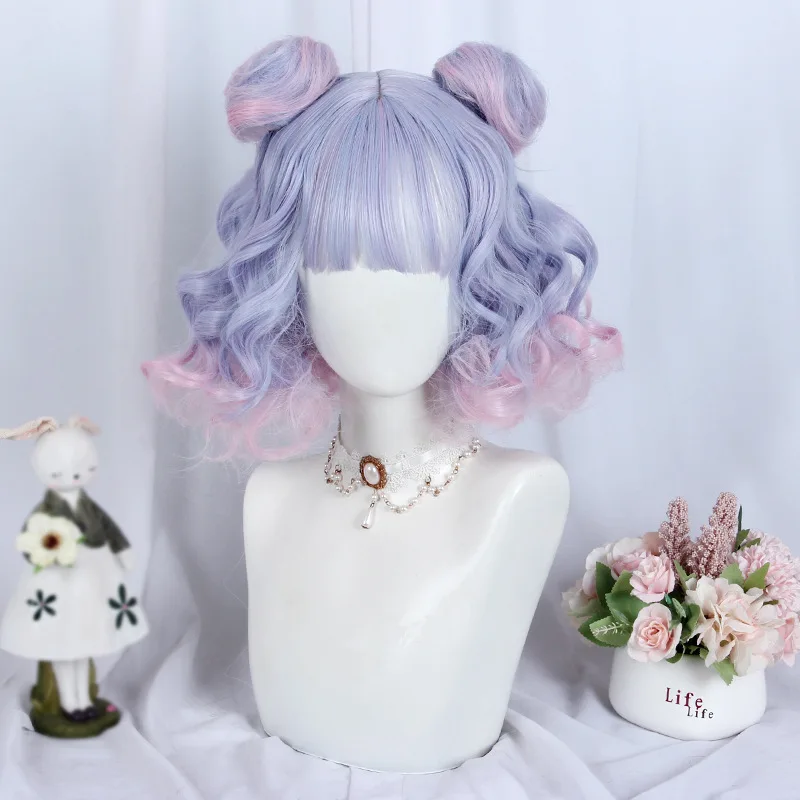 VICWIG-peluca Harajuku corta y rizada sintética para mujer, Azul, Morado, gradiente, rosa, cabello diario Lolita con dos moños para Cosplay de fiesta