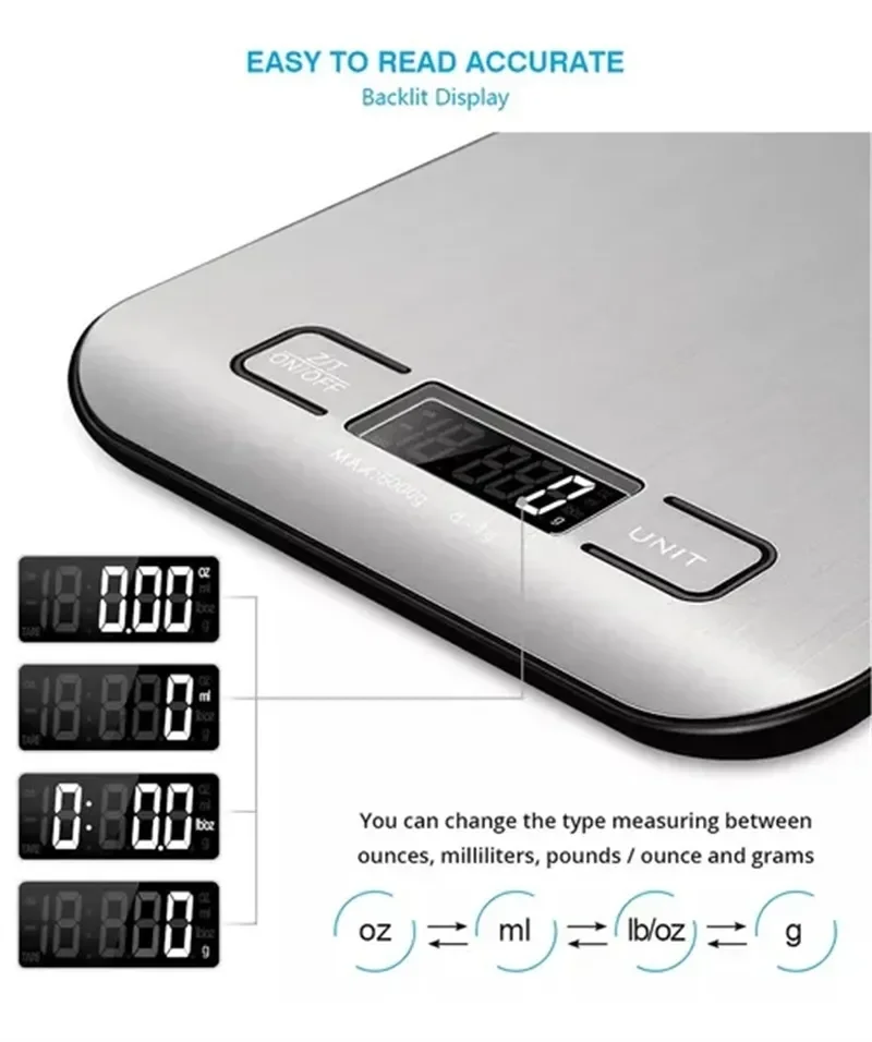 Description Picture 4 of item5/10KG LCD Display Digital Kitchen Electronic Scale Stainless Steel Panel USB Charg Precise Small Platform Scale Portable
