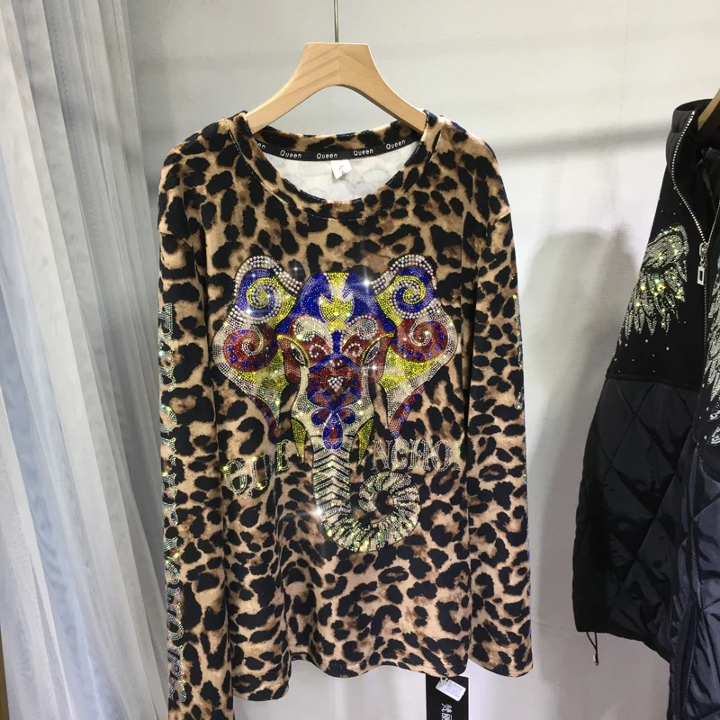 

Thicken Autumn Winter Long Sleeve Women Tshirt Hot Drilling Sexy Leopard O-neck Pullover Basic Top Streetwear Diamonds Tees