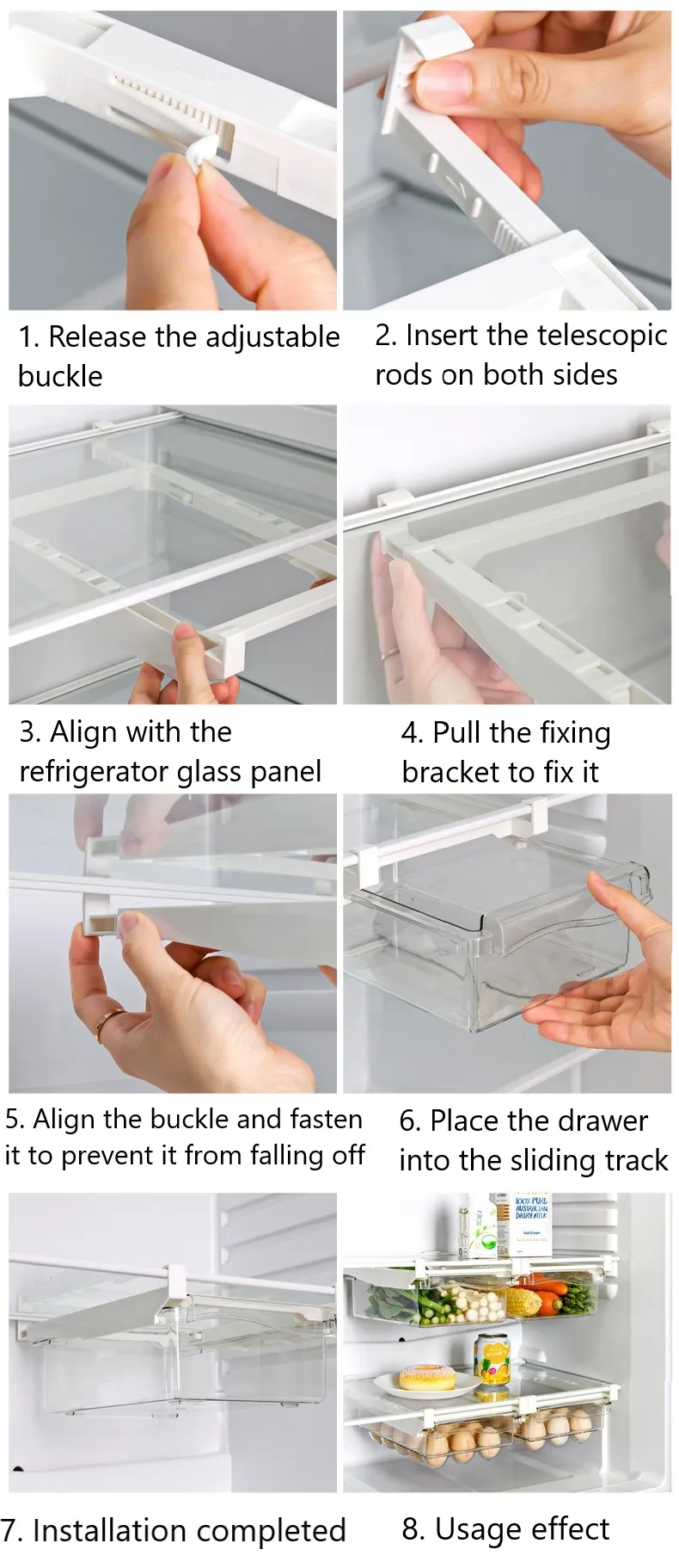Description Picture 3 of itemDrawer Type Food Storage Box for Refrigerator Clear Fruit Organizer Rack Holder Under Shelf Slide Plastic Kitchen Container