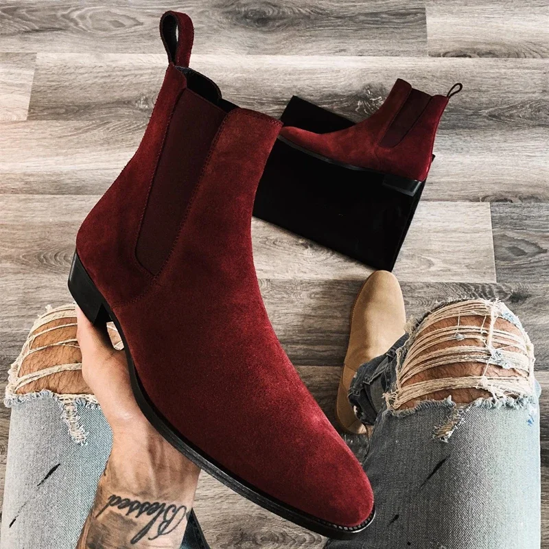 New In Wine Red Men Chelsea Boots Flock Round Toe Business Boots for Men with Bottes Pour Hommes